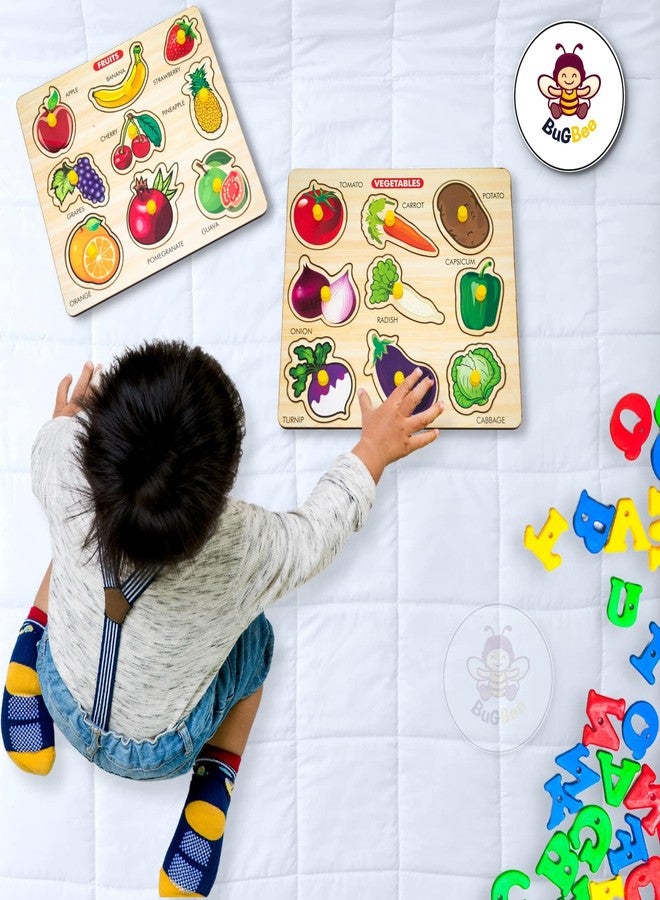 BuGBee Wooden Fruits & Vegetables Peg Puzzle Board | Montessori Learning Toys for Toddlers | Educational Wooden Puzzles for Kids 2-7 Years | Fine Motor Skills, Color & Shape Recognition Toy - Image 5